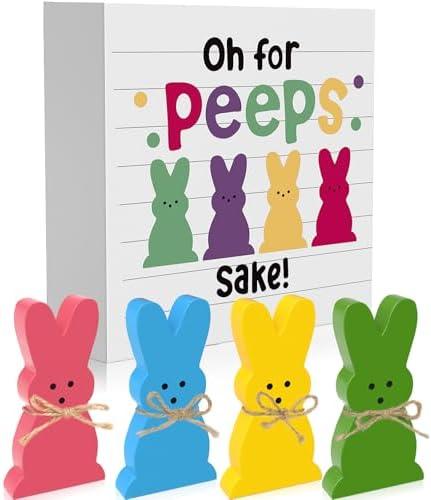 WOHOHOHO Easter Bunny Wooden Décor, 4 Pcs Bunny with Funny Easter Bunny Wooden Box Sign, Oh for Peeps Gift Wood Rabbit Tiered Table Decor for Farmhouse Kitchen Bathroom Office Party Supplies