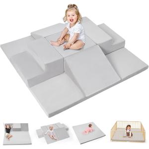 6-Piece Foam Climbing Blocks for Toddlers, Climb and Crawl Soft Foam Play Set with 47x47 Inch Baby Play Mat for Floor, Machine Washable Cover, Soft Climbing Toys for Toddlers 1-3 (Gray)