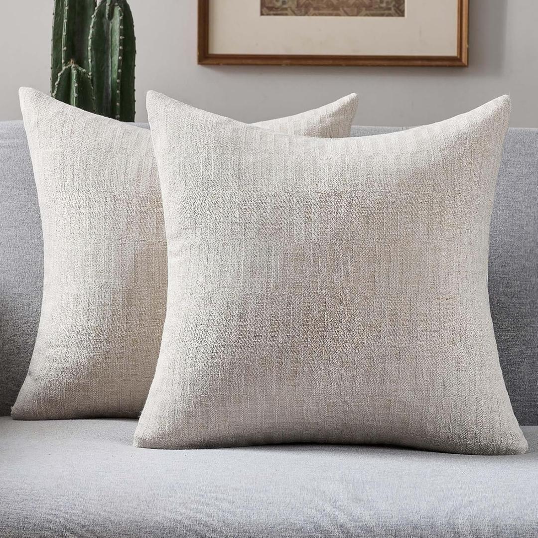 2 x FUTEI Natural Decorative Throw Pillow Covers 20x20 Inch Set of 2,Soft Linen Slub Texture Cushion Case,Farmhouse Home Decor for Couch Bed Living Room