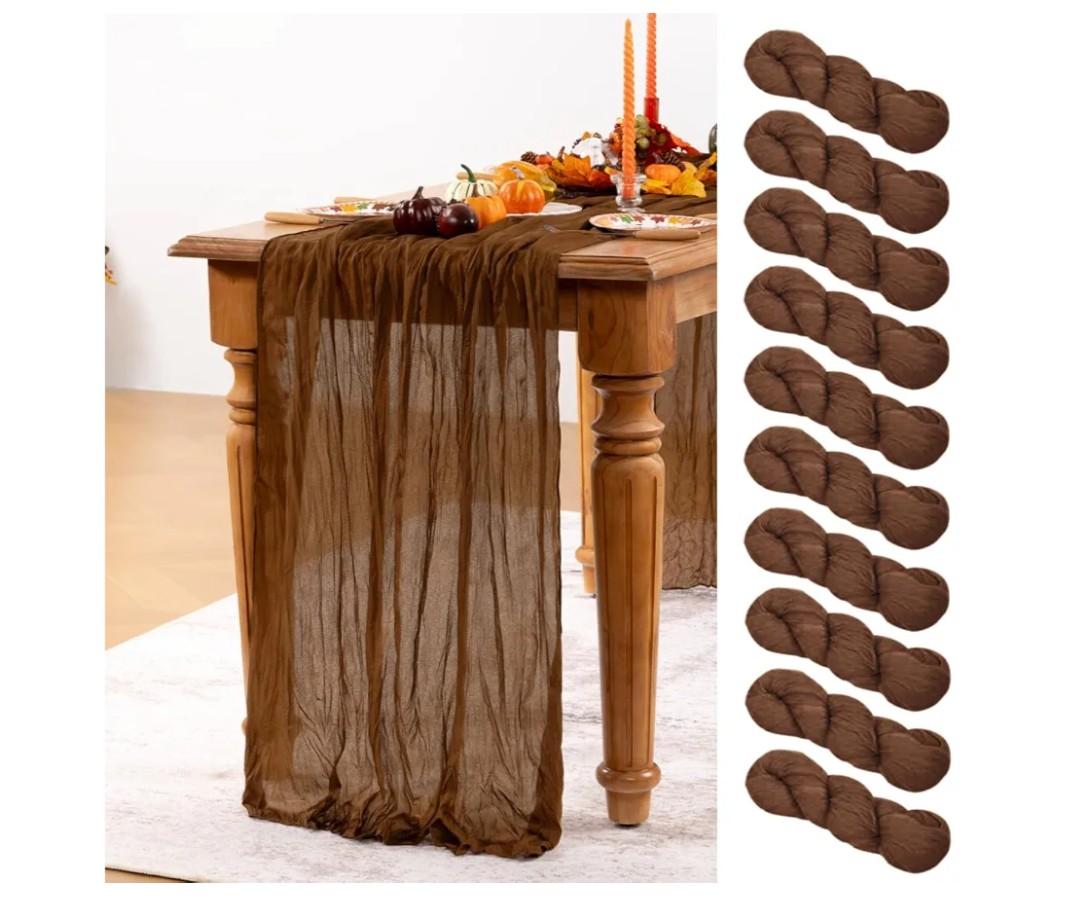 Brown Cheesecloth Table Runner Tan 10 Pack Fall Table Runners Boho Gauze 120 Inches Marron Cheese Cloth Fall Table Decorations for Thanksgiving Wedding Bridal Baby Shower Tea Party Decor