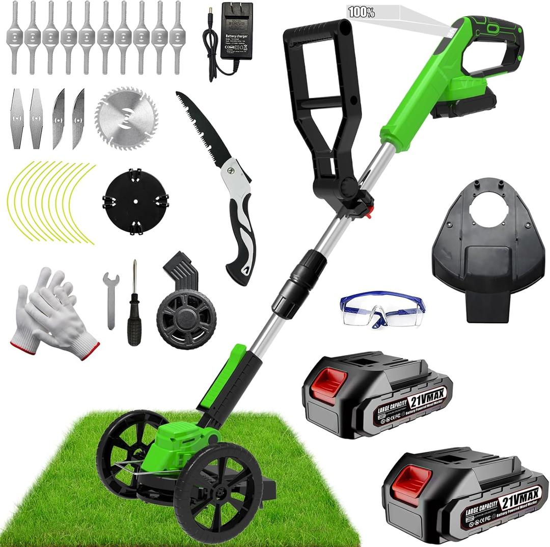 Electric Weed Wacker Cordless Eater Lightweight Edger Battery Powered Grass Trimmer/Lawn Edger/Mower/Brush Cutter, with 5 Types Blades and 2 Types Wheels for Yard and Garden Weeder Tool-Green 