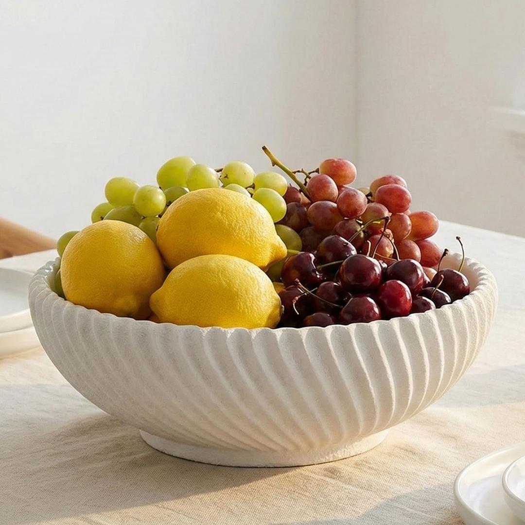 LINYTHER Large Decorative Fruit Bowl for Kitchen Counter or Table, Key Holder Bowl for Entryway Table, Bread Candy Snack Organizer, Modern Farmhouse Centerpiece Decor, White/Ribbed
