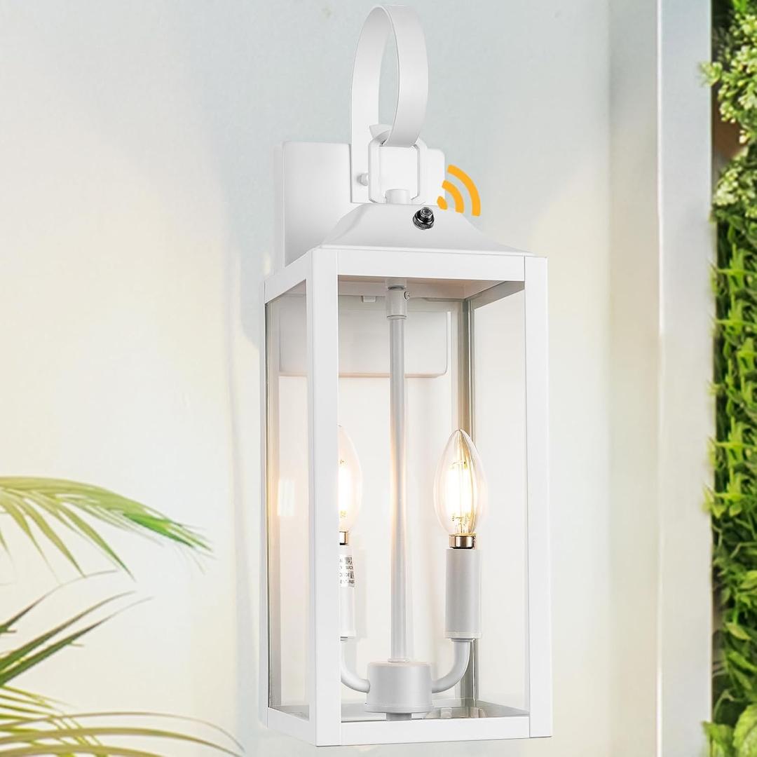 White Dusk to Dawn Outdoor Wall Lantern 2-Light, 19" Large Outside Modern Wall Sconce Light Fixture, Industrial Porch Light Wall Mount with Glass, Waterproof Farmhouse Exterior Lamp Lighting
