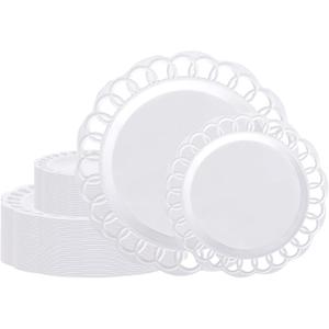 COLOSUS 60pcs White Plastic Plates Set, Fany White Baroque Plates for 30 guest, Elegant Lace Rim Design Disposable Plate include 30 Dinner plates and 30 Dessert plates for Party, Halloween, New Year
