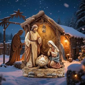 Shimeyao Lighted Metal Christmas Outdoor Nativity Scene Yard Sign 55 Inch Large Lifelike Holy Family Manger Yard Sign with Stakes Jesus Joseph Mary Nativity Outdoor Decorations for Lawn Garden Decor