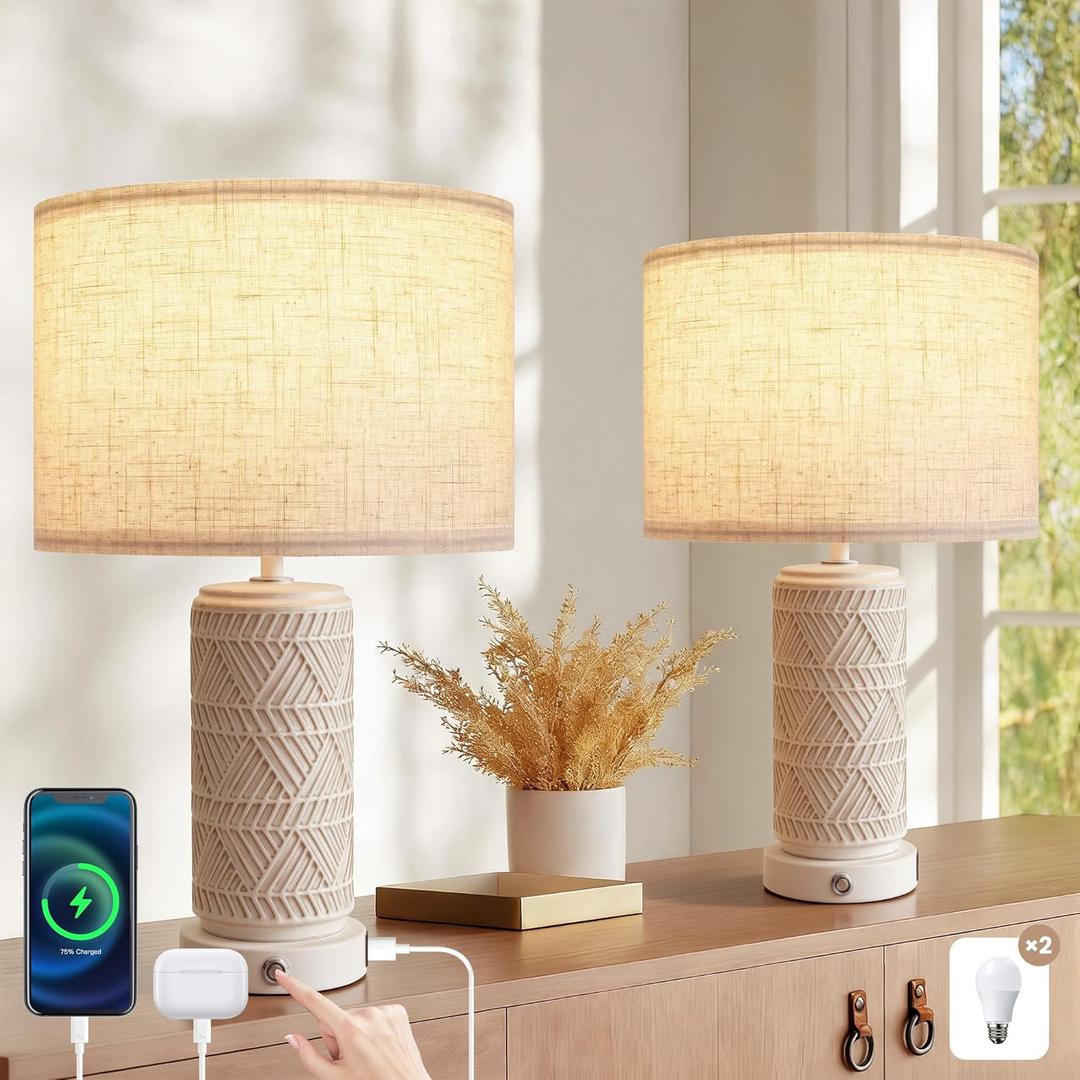 Touch Table Lamp Set of 2 for Home and Modern Farmhouse Decor - Ceramic Boho Bedside Lamps with USB Port - White Nightstand Light for Bedroom, Living Room, Side Tables and Small Night Stand