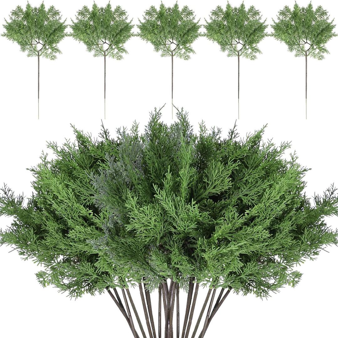Jutom 20 Pcs 17 Inch Christmas Fake Juniper Cedar Pine Branches, Faux Cedar Branches Artificial Christmas Sprigs Picks for Home Decoration Garland Wreath DIY Craft Garden Holiday