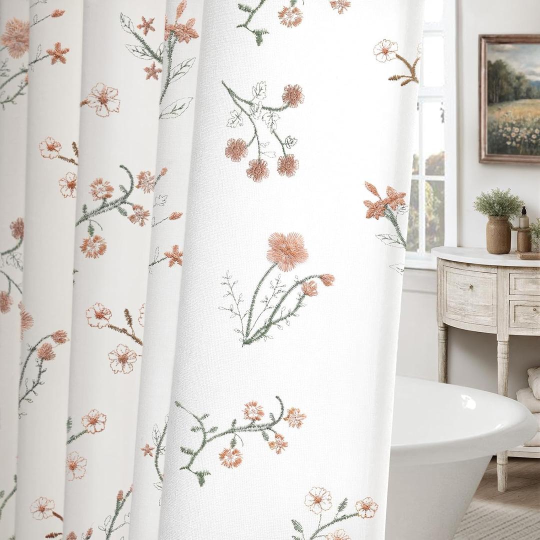 Floral Farmhouse Vintage Cotton Shower Curtain, French Country Embroidered Textured Shower Curtains for Bathroom, 72Wx72H