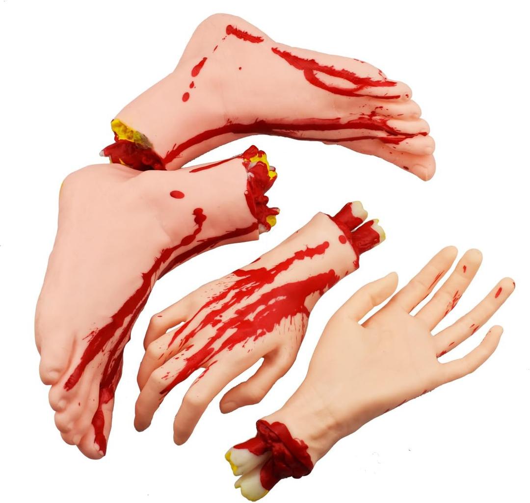 XONOR Halloween Severed Hands Feet Set Scary Bloody Broken Body Parts Halloween Props Decorations, 4 Pieces(Feet & Hands) (Skin Color)