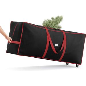 SONGMICS Christmas Tree Storage Bag with 1.6-Inch Wheels, Rolling Storage Bag, up to 7.5 ft, For Disassembled Holiday Tree, Length-Adjustable Handles, 600D Oxford Fabric, Ink Black URXS004B02