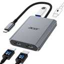 Acer 4-in-1 USB C Hub, Type C to Dual HDMI Adapter 4K@60Hz, HDMI Splitter for Dual Monitors with 100W PD Port, USB 3.0, Dual Monitor Adapter Compatible with Acer, Dell XPS, HP, MacBook Neo/Air/Pro