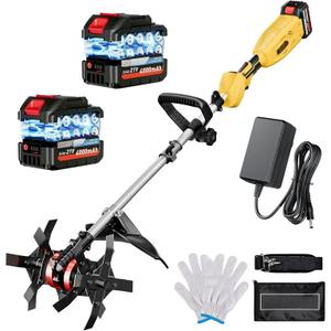 Cordless Tiller Cultivator, 21V 450RPM Electric Tiller with Battery Level Display, 2 * 4.0Ah Batteries & Charger, Tiller for Gardening, Lawn, Soil (Cultivation Width 10"/ Depth 9")