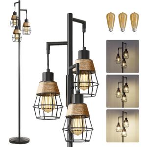 Oneach 68" Floor Lamps for Living Room, Stepless Dimmable Boho Floor Lamp with 3 Bulbs, Tall Farmhouse Industrial Corner Standing Tree Lamp for Bedroom, Office, Study Room, Dining Room, Black