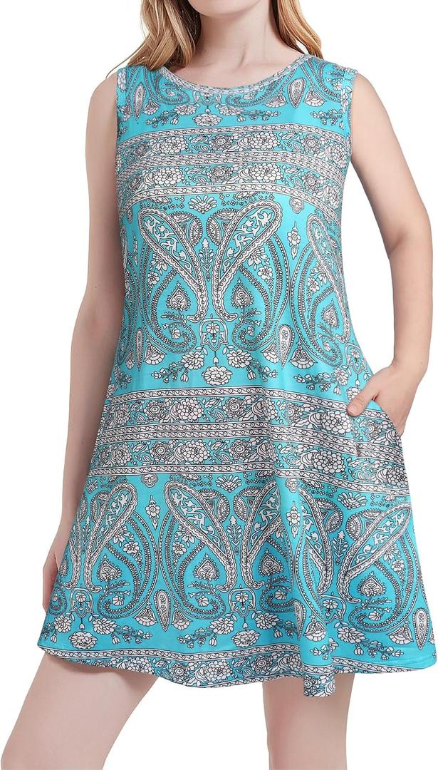 Scotamalone Summer Dresses for Women Casual Beach Travel Vacation Floral Tshirt Sundress Tank Dress Sleeveless with Pockets (XXL)