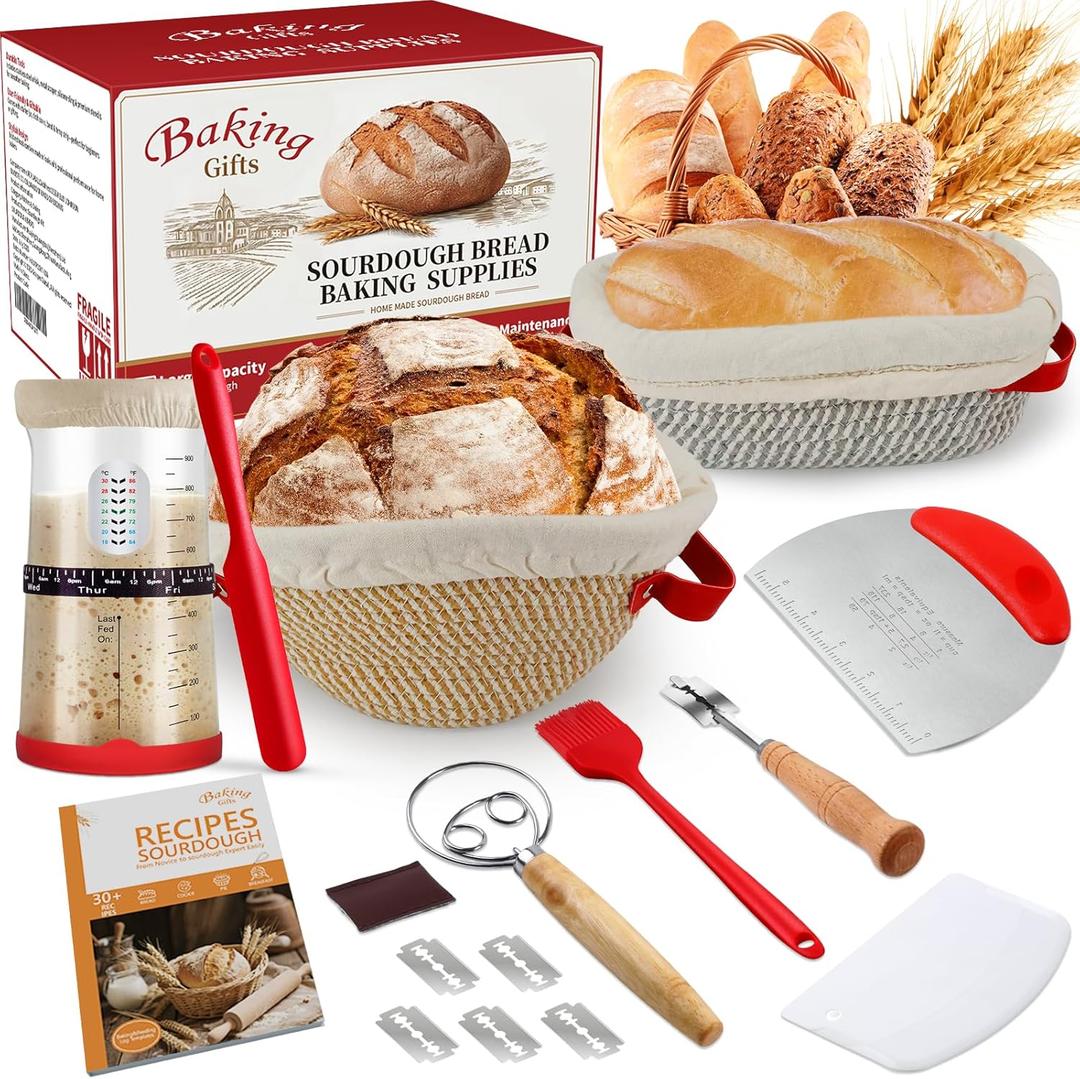 Sourdough Starter Kit,Gift for Bakers Sourdough Bread Baking Supplies,34oz Starter Jar, 2 Cotton Rope Proofing Baskets & More for Sourdough Starter Bread Making Baking Fermentation