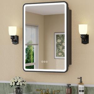 20 x 28 Inch LED Medicine Cabinet with Mirror, UL Certified Dimmable Lighted Bathroom Mirror Cabinet, Anti-Fog & Memory Function, 3 Color Modes, Recessed or Wall Mounted, Adjustable Shelf, Black, 20x28 Left Hinge
