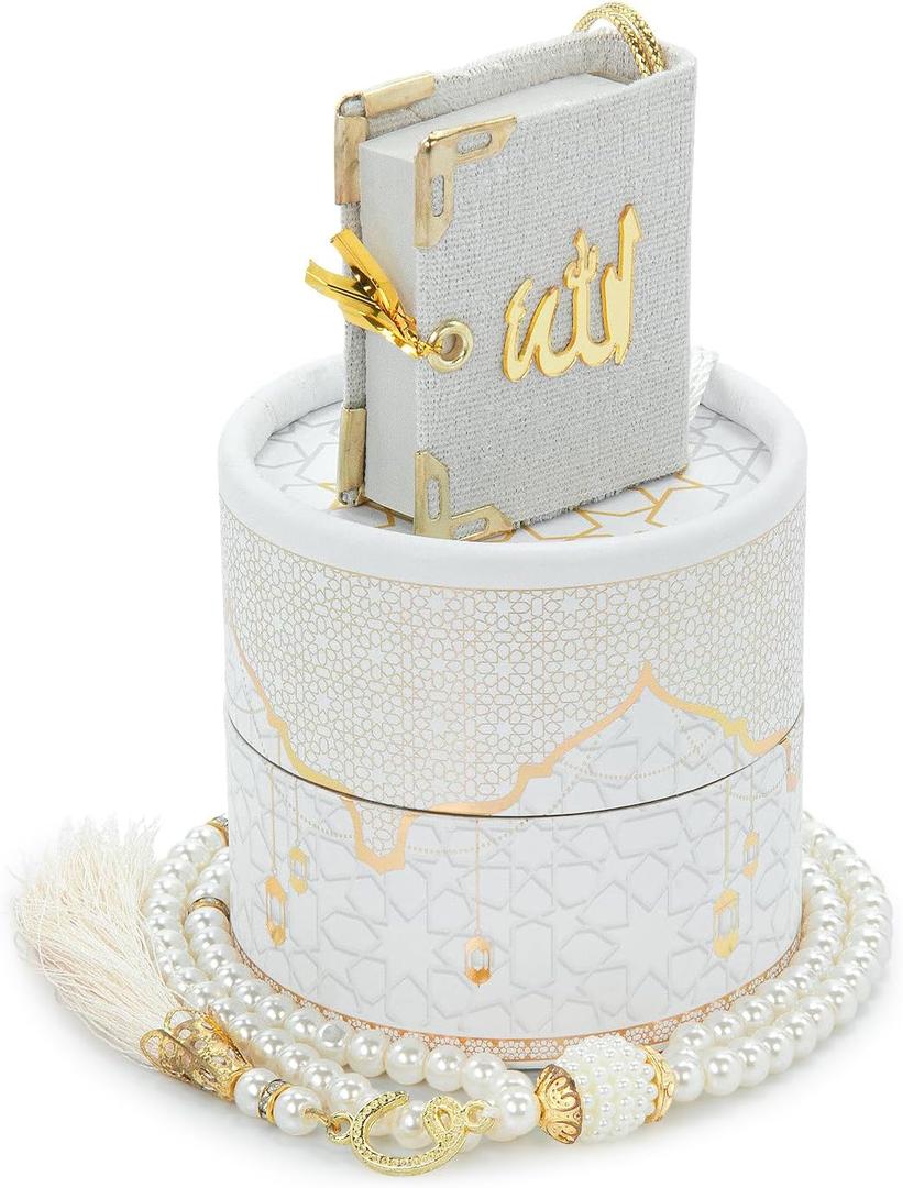 Ihvan Online Islamic Prayer Cylinder Gift Box with Elegant Velvet Covered Mini Quran & Prayer Beads Tesbih, Misbaha Tasbeeh Sibha 99 Mala Tasbih, Islamic Gift for Ramadan & Mawlid & Eid, White
