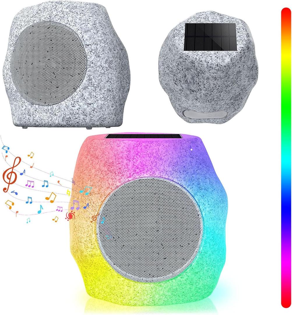 Upgraded Outdoor Rock Speaker Bluetooth Speakers 48 W Deep Bass (2 Pack)  16 Hr Playtime, Bluetooth 5.4 TWS Stereo, AluminumAlloy Mesh,IPX5 Waterproof Solar-Powered Speaker Perfect for Pool, Garden