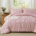Bedbay Blush Pink Ruffled Cotton Duvet Cover Set Queen Size, Soft Romantic Shabby Chic Bedding,100% Cotton Textured Ruched Comforter Cover 3 Pcs,Cute Cottagecore Bedroom Set for All Seasons