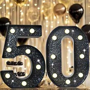 8.8"Decorative LED Light up Numbers, Glitter Marquee Numbers Lights for 13th Birthday Decorations, Shiny Lighted Number Sign for Birthday Party Wedding Anniversary Home Decor, Glitter Black 50