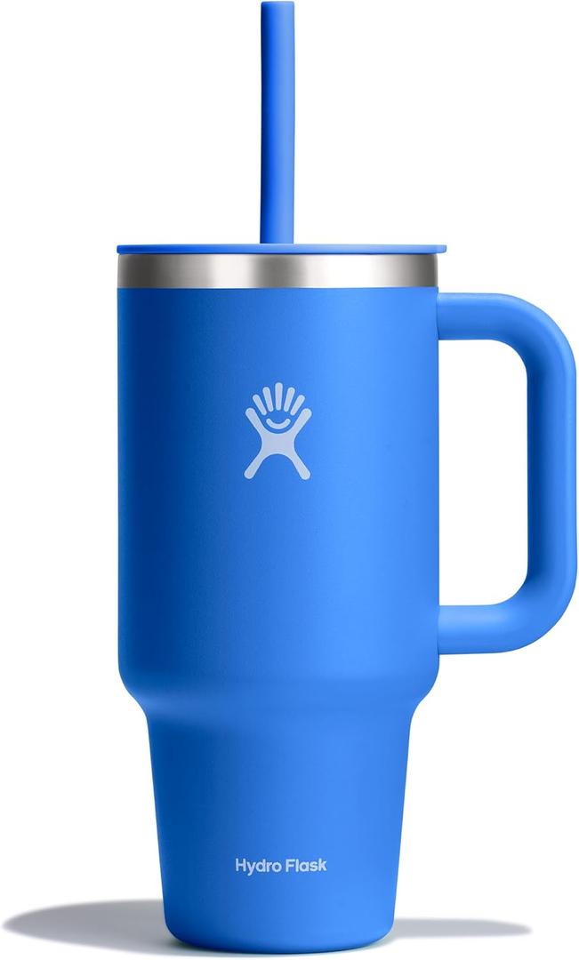 Hydro Flask Travel Tumbler with Handle, Lid and Straw - Insulated Stainless Steel in 32 Oz Blue (Cascade)