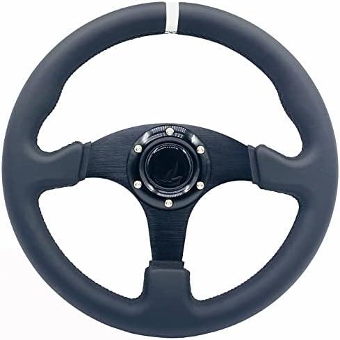 13inch/330mm White Stripe Racing Steering Wheel Genuine Leather and Aluminum Frame 6 Bolt Flat Bottom Steering Wheel for Racing/Car Sim Driving