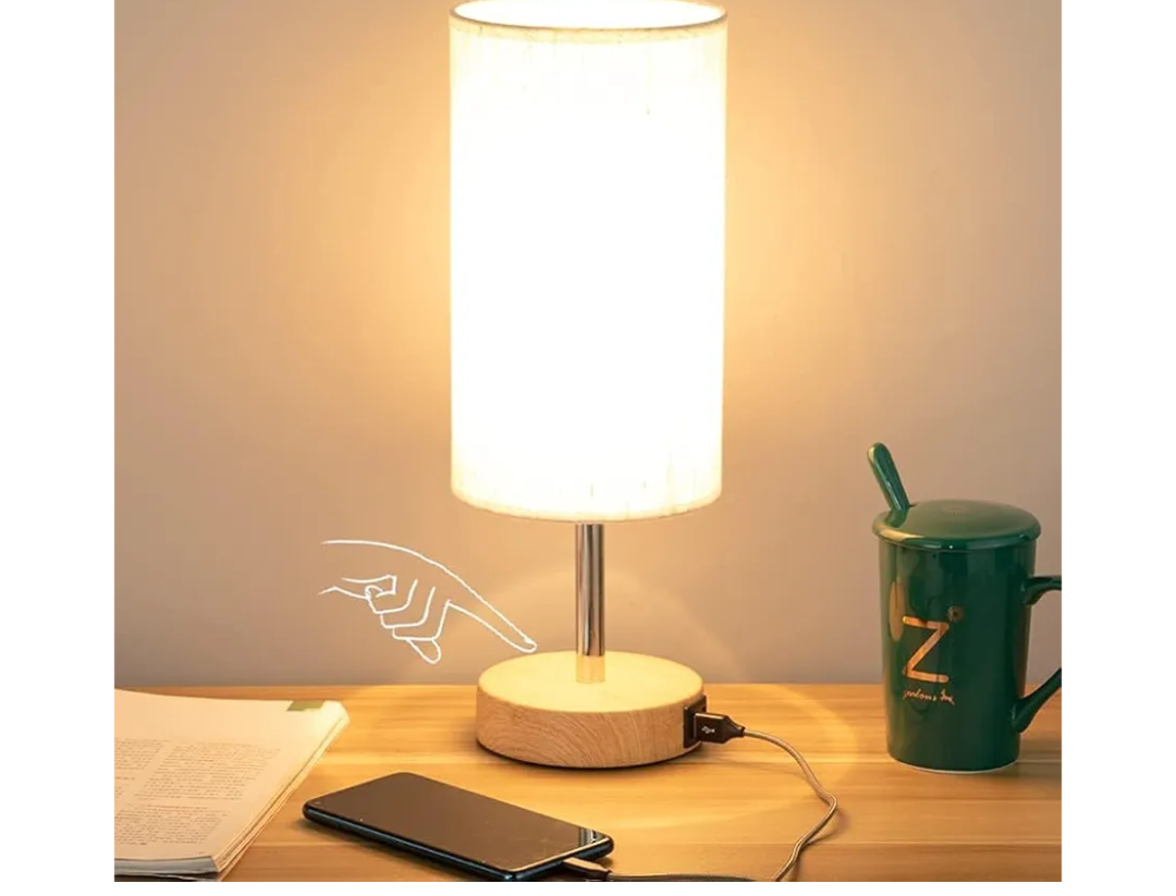 Yarra-Decor Bedside Table Lamp with USB Port - Touch Control for Bedroom Wood 3 Way Dimmable Nightstand Lamp with Round Flaxen Fabric Shade for Living Room, Dorm, Home Office (LED Bulb Included)