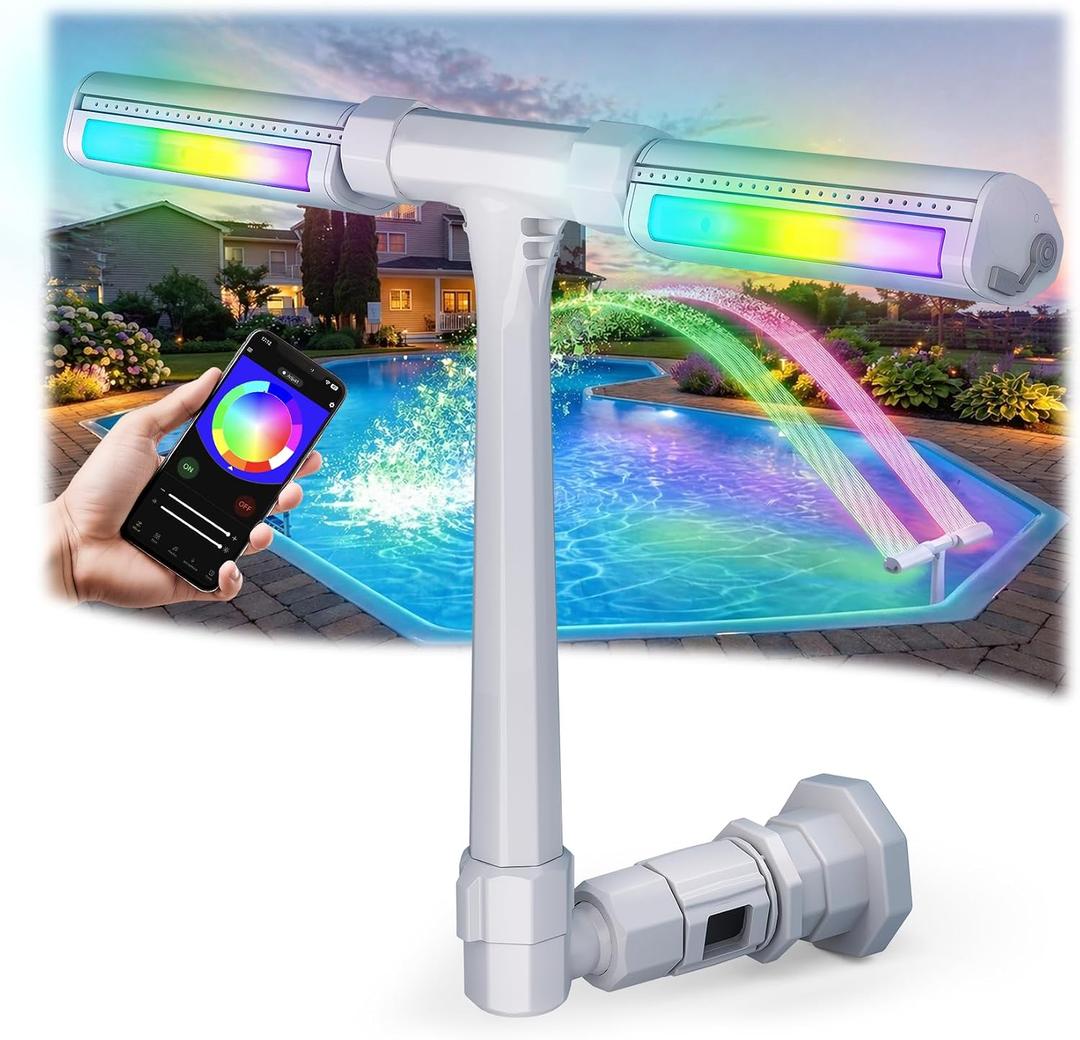 Pool Fountain for Above and Inground Pools, APP Smart Control Pool Lights with 16 Color LED Lights, Waterfall Sprinkler and Adjustable Dual Sprayer for Swimming Cooling Outdoor