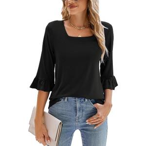 Poetsky Womens Casual 3/4 Sleeve Tops Summer Square Neck T Shirts Ruffle Loose Fit Tunic Blouses 2XL