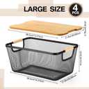 Geelin 4 Pcs Black Metal Wire Basket with Wooden Handles and Bamboo Lids 14.37" x 8.58" x 6.5" Mesh Steel Basket Stackable Storage Bins Organizer Containers for Vegetables Fruit Home Cabinet Pantry