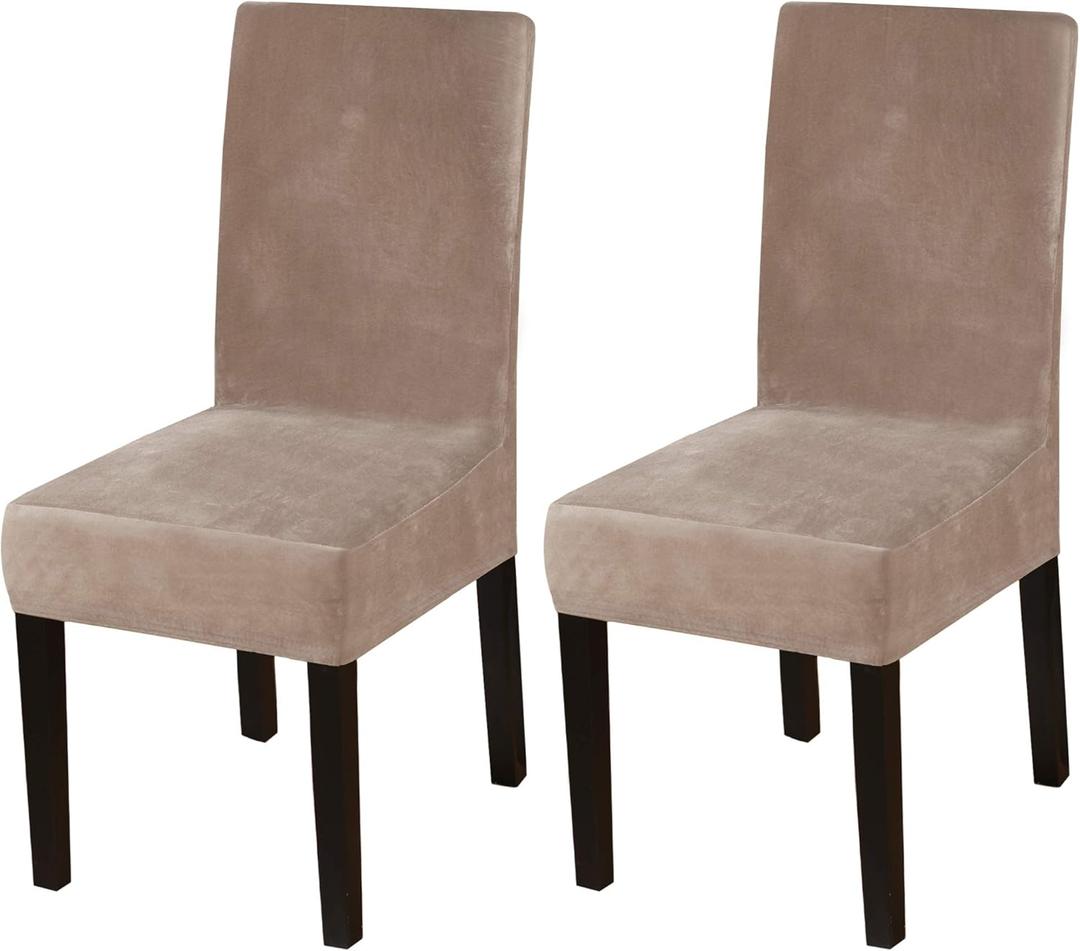 Turquoize Velvet Chair Covers for Dining Chairs Set of 2 Stretch Taupe Chair Covers for Dining Room Parson Chair Slipcovers Washable Dining Chair Covers, Soft Thick Velvet Fabric (2, Taupe)