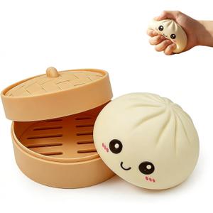 Dumpling Squishies Mystery Box, Giant Dumpling Squishy Stress Relief Desk Fidget, Jumbo Soft Squeeze Decompression with Steamer Box for Office, Home Desk Decor, Easter Basket Stuffers(White)