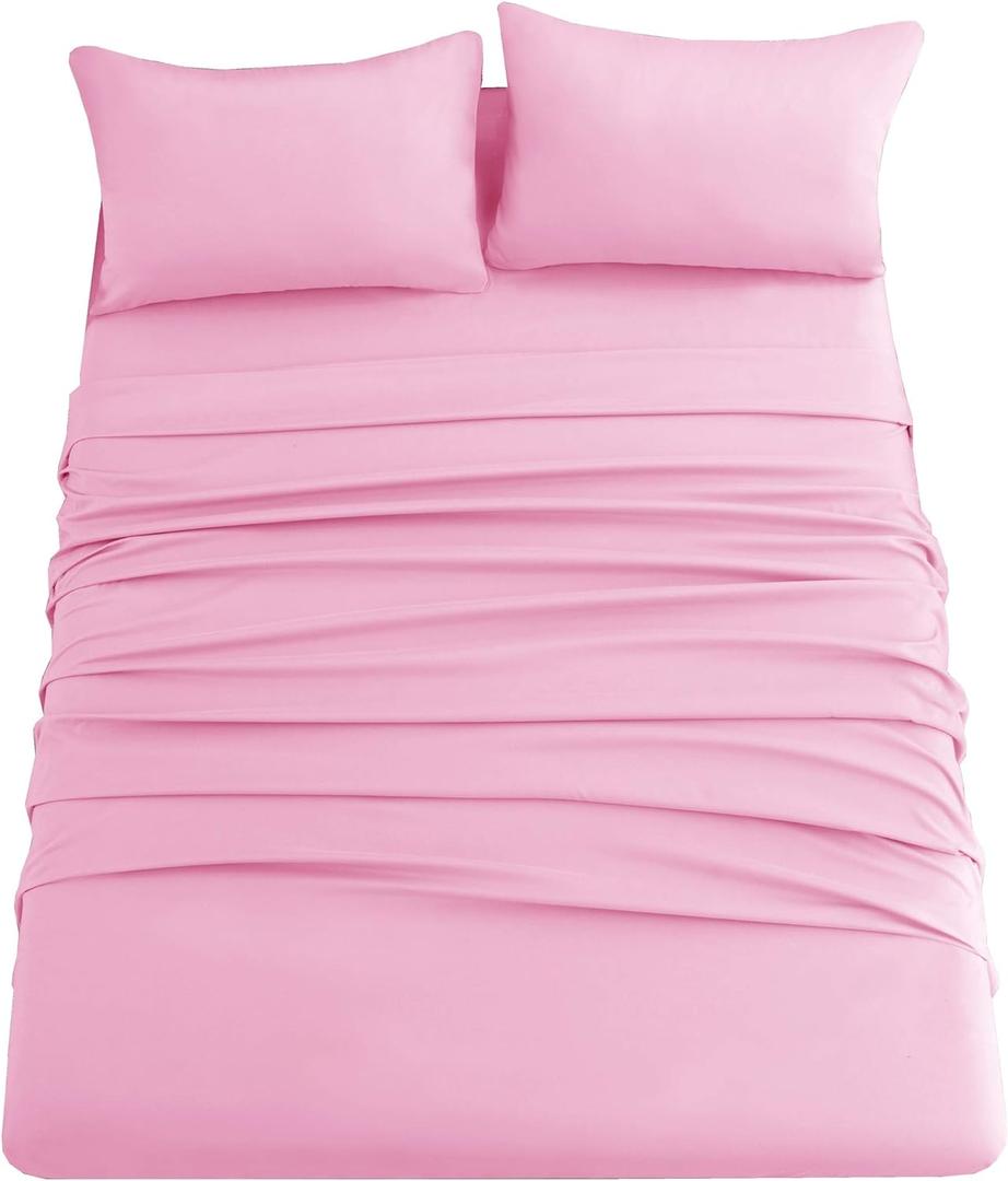 Ghooss Pink Bed Sheet Set with Deep Pocket,Super Soft Microfiber Bedding-Breathable,Warm,Wrinkle,Fade Free,4 Piece Bedding Sheet Sets(Queen,Pink)