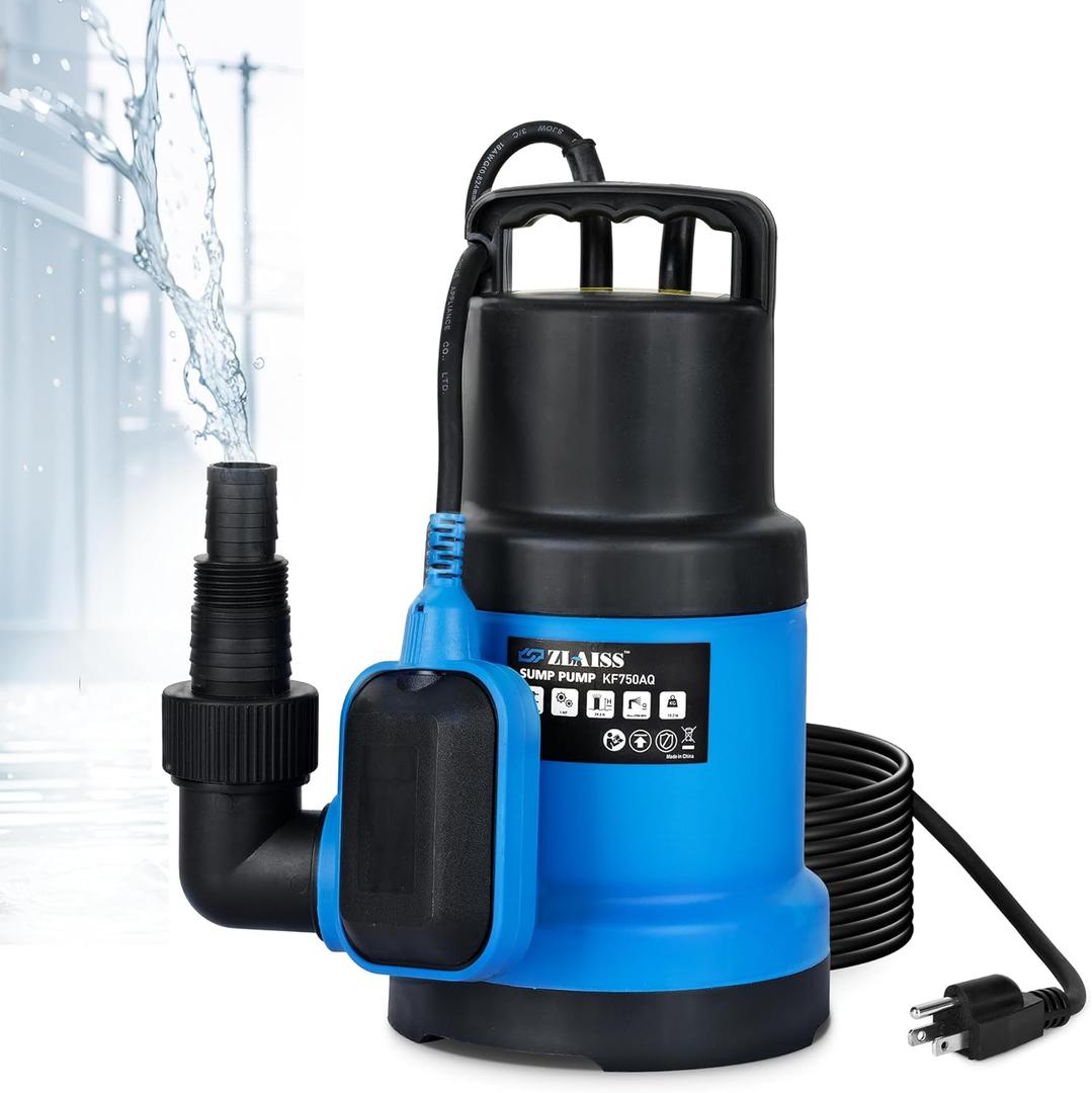 ZLAISS1HP Sump Pump Submersible - 3700 GPH Water Pump with Automatic Float Switch, Versatile For Clean Water, for Pool, Pond,Garden, Flooded Cellar, Aquarium and Irrigation, Medium, Blue, KF750AQ