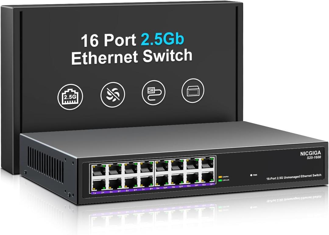 16 Port 2.5Gb Ethernet Switch Unmanaged, NICGIGA 16 Port 2.5G Network Switch, Plug & Play, Desktop or 19-inch Rack Mount, Fanless Metal Design