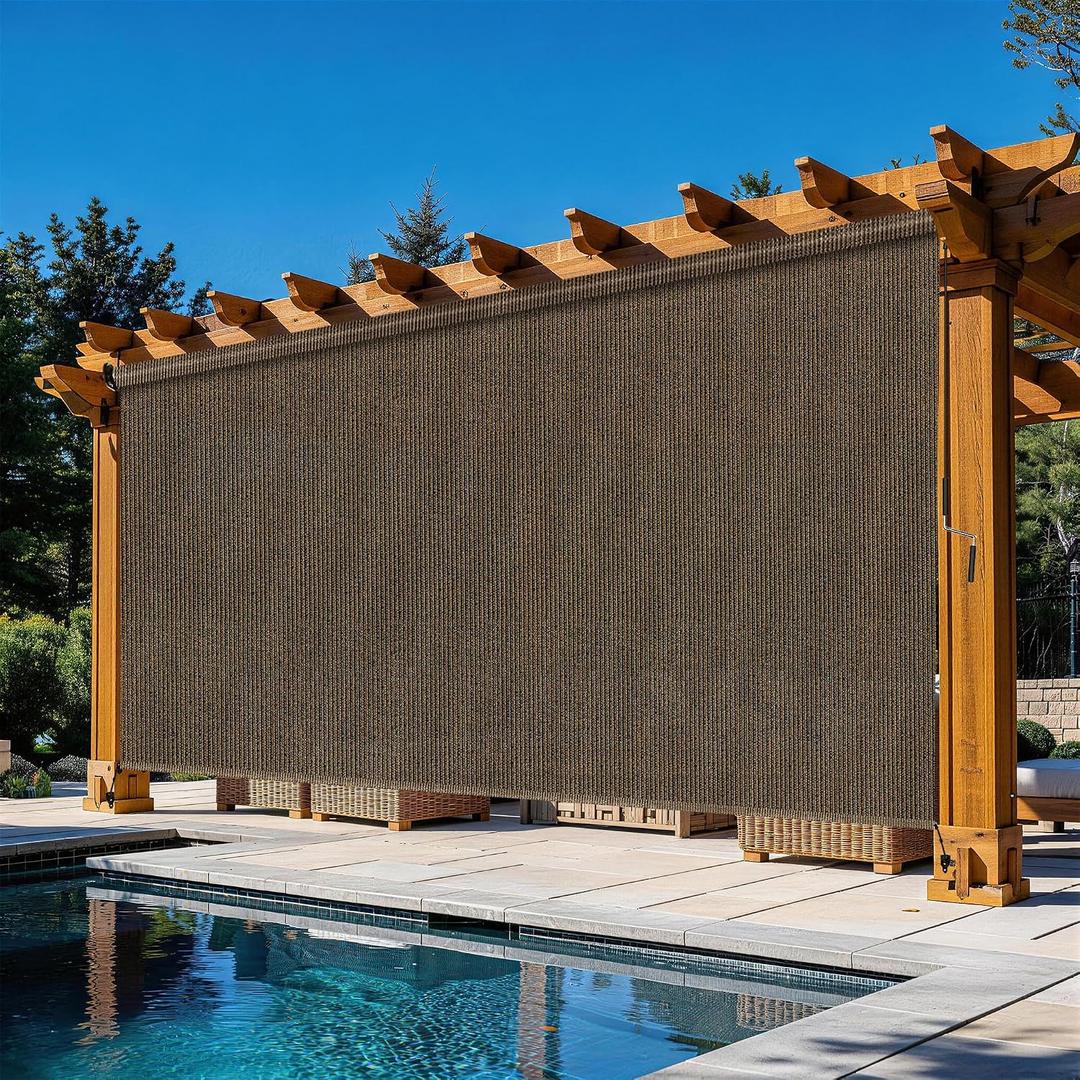 Outdoor Roller Shades for Patio 10'Wx8'H Mocha, 90% UV Block & Privacy Protection Outdoor Blinds, Cordless Porch Shades Outdoor Roll Up with Splicing Design 20-Min Install, 120"W x 96"H