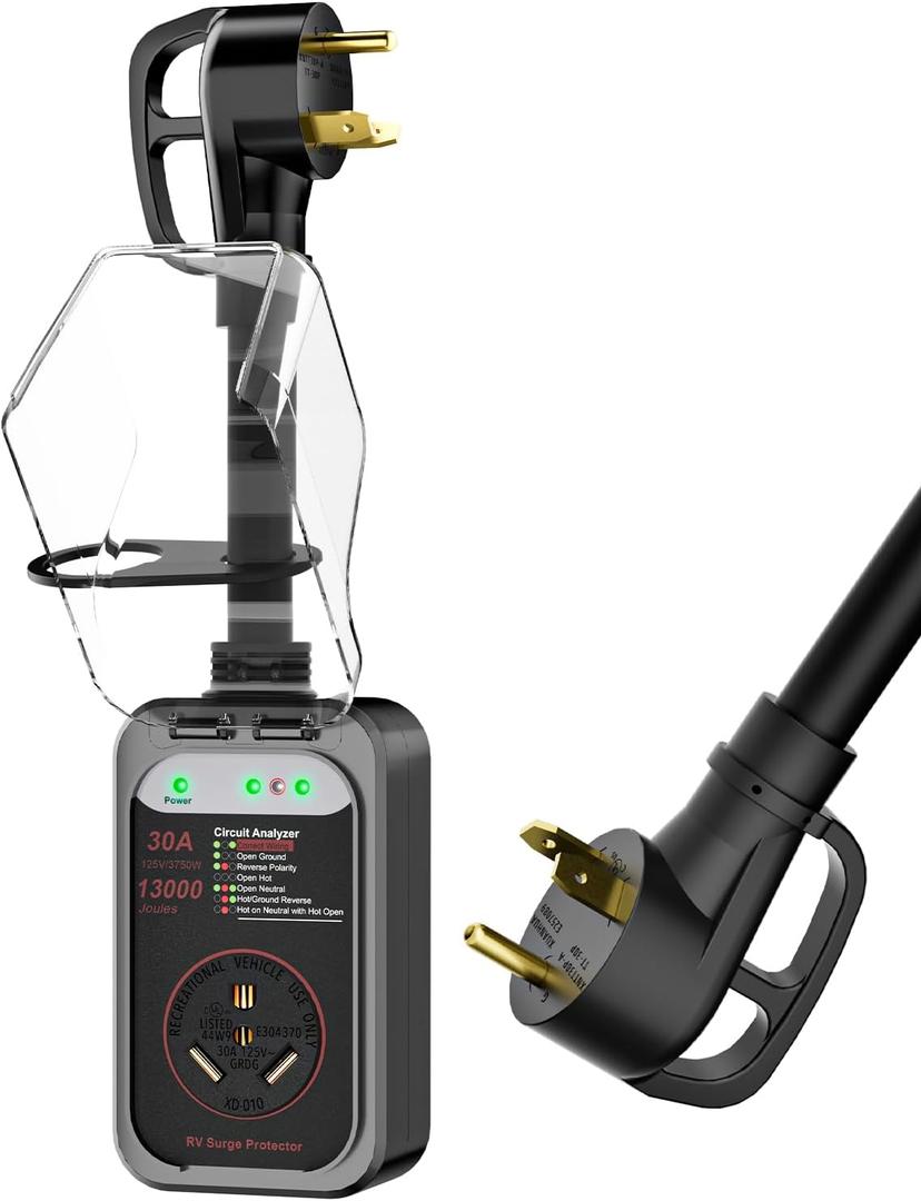 RV Surge Protector 30 Amp, 13000 Joules RV Circuit Analyzer with Waterproof Cover,RV Adapter Plug for Camper Travel Trailers (30AMP-Black)