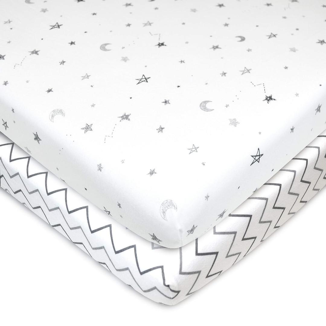 TL Care 2 Pack 100% Natural Cotton Fitted Pack and Play Sheets 39" x 27" - Soft & Breathable Pack N Play Sheets for Playard & Mini Crib Mattress, Gray Star/Gray Zigzag, for Boys & Girls