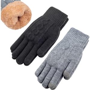 Women's Winter Warm Touch Screen Gloves Womens Thermal Cable Knit Wool Fleece Lined Gloves for Cold Weather (Black+grey)
