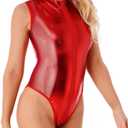 Leather Bodysuit Sexy One Piece Swimsuits Shiny PVC Jumpsuits Zip Up Leotard Sheer Teddy Outfit Lingerie Clubwear (Red, M)