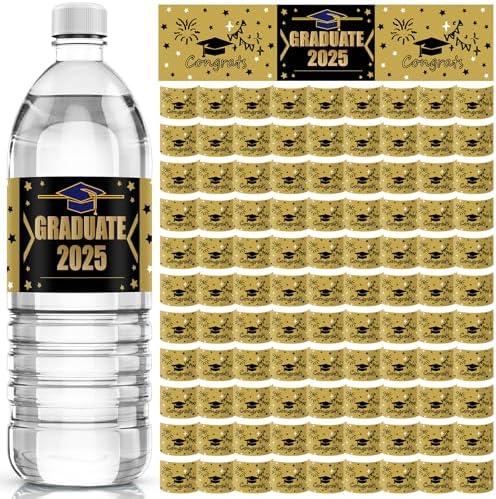 Ctosree 100 Pcs Graduation Water Bottle Labels Class of 2025 Graduation Water Bottle Decorations Stickers Personalized Party Favors Wrappers for School Students Party Supplies(Black, Gold, White)