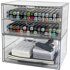 Clear Desk Drawer Organizer, 2 Pack Plastic Home Office Accessories Storage Box for Marker, Cards, Stationery, Crafts, Makeup, Bathroom Supplies, Coffee Pods, Pet Snacks (3 Drawers)