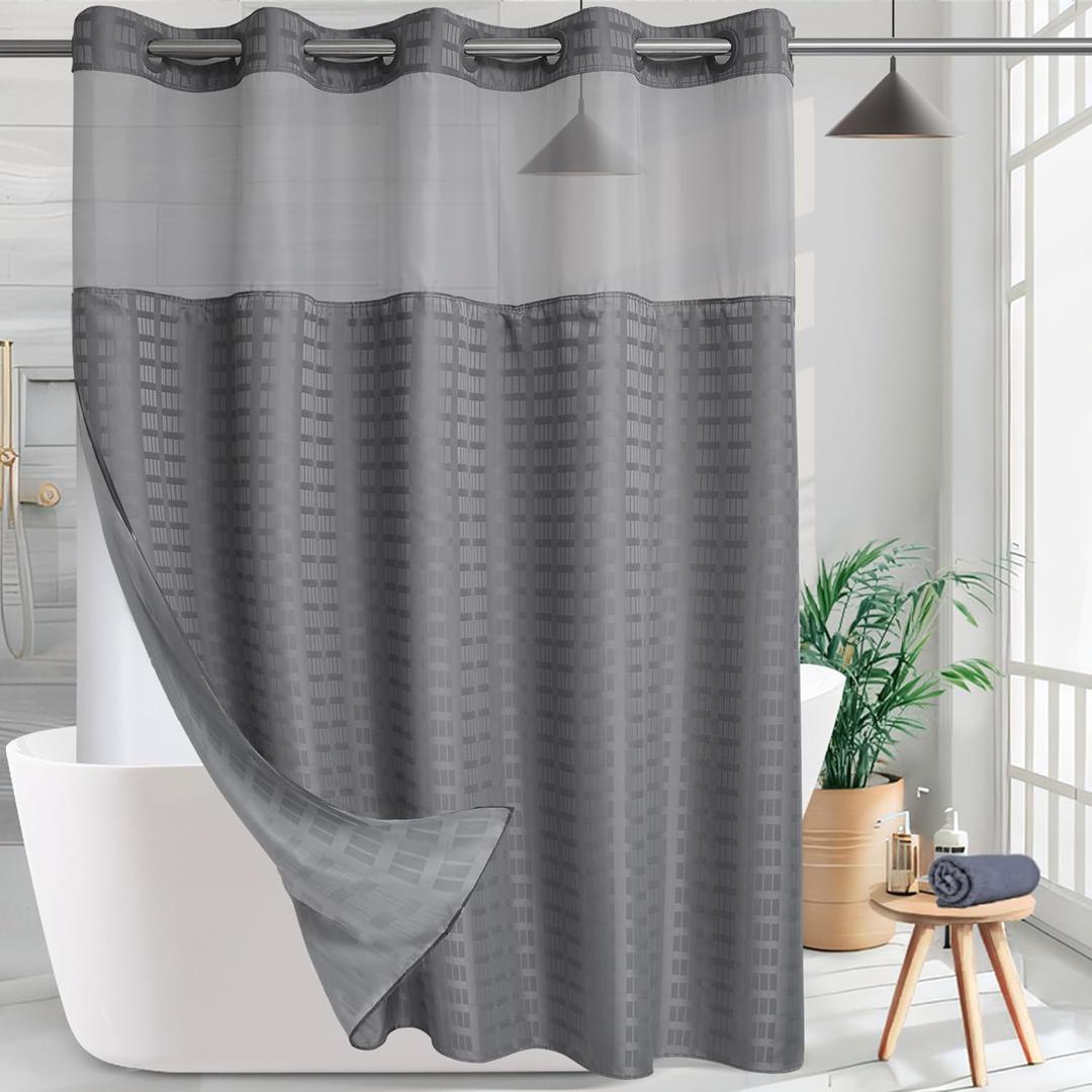 Hotel Fabric Shower Curtain Shower Curtain Machine Washable with Snap in Removable Liner for Bathroom Bathtubs Spa (Grey,71" (W) X 74" (H))