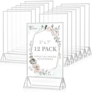EHWINE 12 Pack Acrylic Sign Holder 5 x 7, Double Sided Silver Picture Frame Stand up Table Top Sign Holders, Clear Display Stand Menu Flyer Holder for Wedding Party (Provide Non-slip Mats)