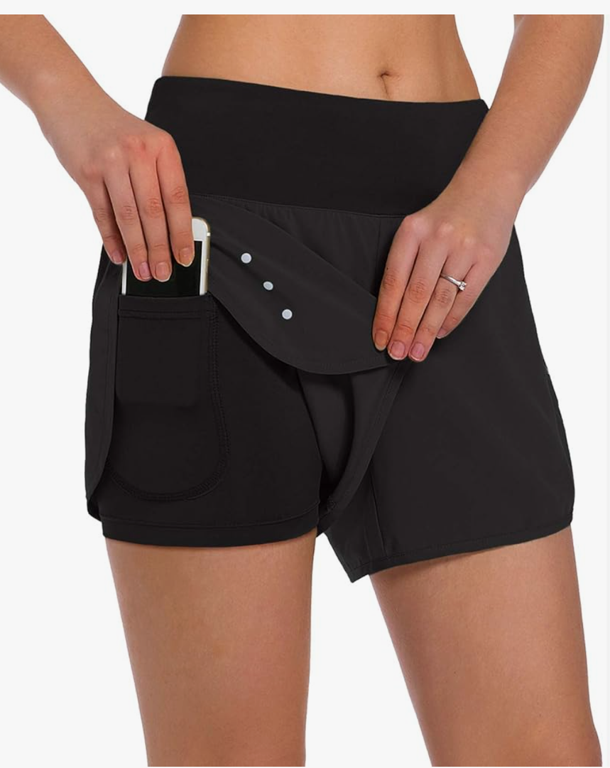 Ksmien Women's 2 in 1 Running Shorts - Lightweight Athletic Workout Gym Yoga Shorts Liner with Phone Pockets, size M