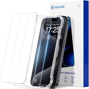SYNCWIRE Screen Protector for iPhone 15 Pro Max, 3 Pack Shatterproof Tempered Glass [Easy Installation Frame] [9H Hardness] [99.99% HD Clear] [Case Friendly] [Bubble Free] for Apple 6.7 inch