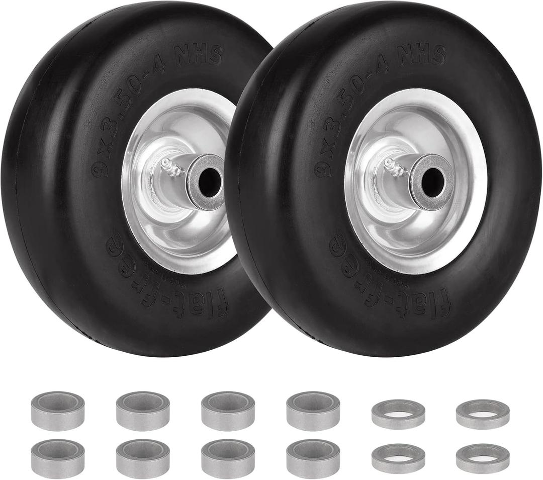 9x3.50-4 Flat Free Smooth Tire and Wheel Assemblies for Residential & Commercial Wheeled Equipment, 4" Centered Hub, 3/4" Bushing-PU Tire on Wheel & Adapter Kits, Set of 2
