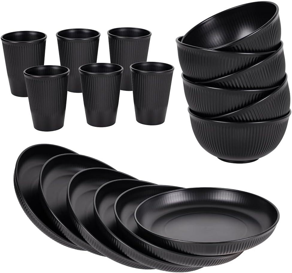 18pcs Wheat Straw Dinnerware Sets HXYPN Unbreakable Reusable Dinnerware Set Kitchen Cups Plates and Bowls Sets Dish Set Dishwasher and Microwave Safe Black
