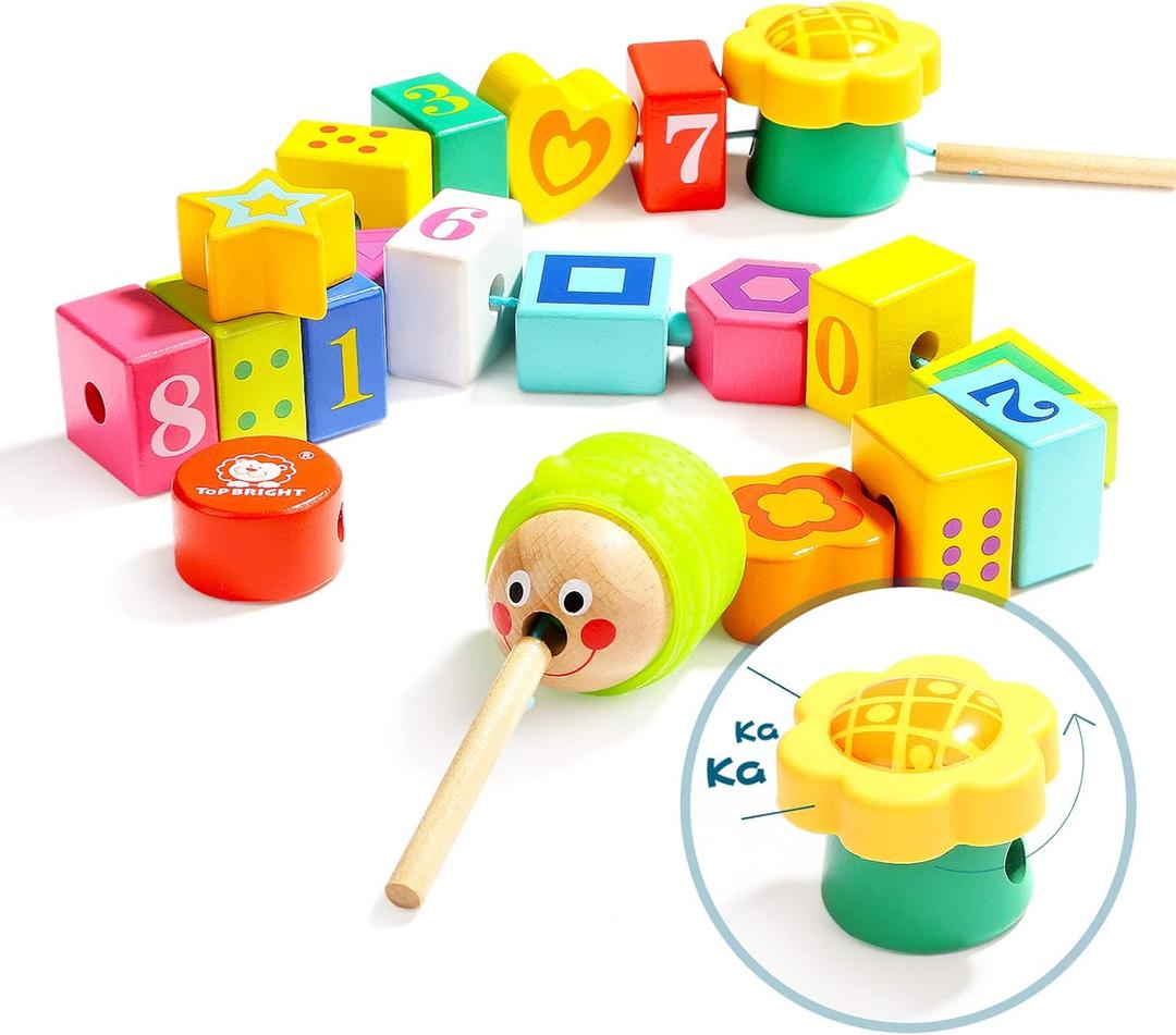 TOP BRIGHT Wooden Lacing Beads for Toddlers, Kids Fine Motor Skills Montessori Toys for 1 2 Year Old Girls Boys, Threading Toys for Two Year Old Girl Birthday Gifts