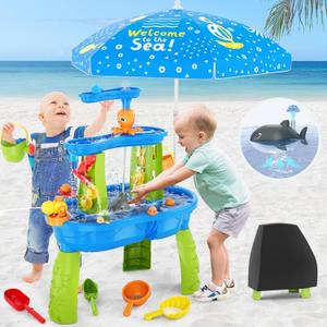 Water Table for Toddlers 3-5 with Umbrella/Water Pumb/Water Table Cover, 3-Tier Kids Sand Water Table, Rain Showers Splash Pond for Outdoor Beach, Activity Sensory Play Table for Boys Girls